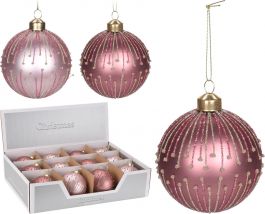 Bučka novoletna steklena rožasta z bleščicami fi 80mm, Koo.