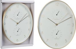 Ura stenska oval 35cm, termometer, vlagomer, zlat okvir,
