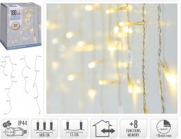 Lučke 180 led ICICLE toplo bela, 8 funkcij utripanja s časovnikom, zavesa, 6 m, IP44,  Koo.