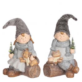 Figura božična fantek/punčka na hlodu led 38 cm, Edel.