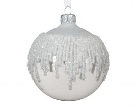 Bučka novoletna bela zasnežena steklo fi 80 mm, Kaem.