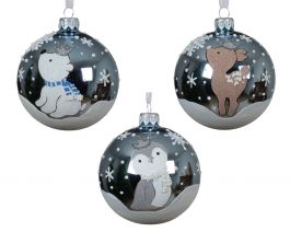 Bučka novoletna modro ledena sova/medvedek/srna steklo fi 80 mm, Kaem.