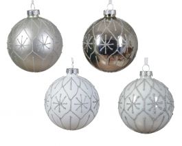 Bučka novoletna srebrno bela  steklo fi 80 mm, Kaem.