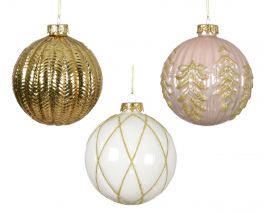 Bučka novoletna zlato/belo/roza z motivi steklo fi 100 mm, Kaem.