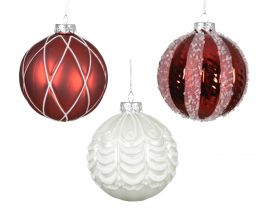 Bučka novoletna rdečo/bela z vzorci steklena fi 100 mm, Kaem.