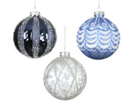 Bučka novoletna modro/bela z vzorci steklo fi 100 mm, Kaem.