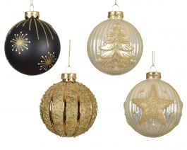 Bučka novoletna črno/bež/zlata z motivi steklo fi 80 mm, Kaem.