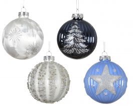 Bučka novoletna modro/srebrna z motivi steklo fi 80 mm, Kaem.