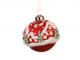 Bučka novoletna rdečo bela z hišicami steklo fi 80 mm, Kaem.