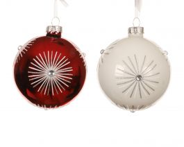 Bučka novoletna rdečo/bela s perlicami steklena fi 80 mm, Kaem.