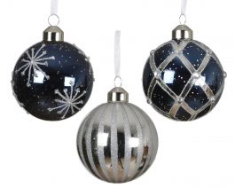 Bučka novoletna modro/srebrna z vzorci steklo fi 80 mm, Kaem.