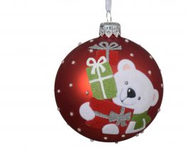 Bučka novoletna medvedek z darilci steklo fi 80 mm, Kaem.