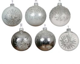 Bučka novoletna belo/srebrna z vzorci steklo fi 80 mm, Kaem.