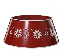 Košara kovinska za božično drevo rdeča z belimi snežinkami fi  57, v 25 cm,  Kaem.