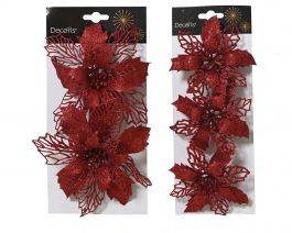 Okras novoletni roža na klipso rdeča 13 cm, set 3/1 ali set 2/1,  Kaem.