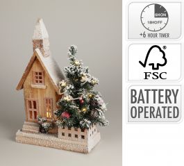 Hišica zasnežena z dreveščkom led 27x11x33 cm, Koo.