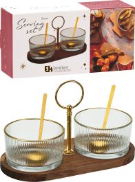 Podstavek iz akacije s steklenima skodelicama in žličko
