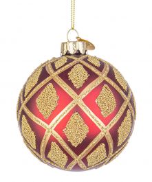 Bučka novoletna rdečo/zlata z zlatimi karami steklena, fi 80 mm, Bizz.