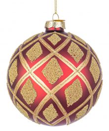 Bučka novoletna rdečo/zlata z zlatimi karami steklena, fi 100 mm, Bizz.