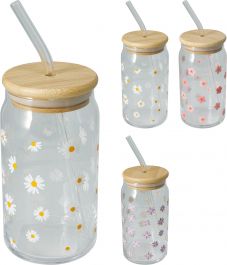 Kozarec steklen z slamico in lesenim pokrovom Rožice, 500ml
