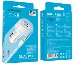 Polnilec avto BZ14 2x USB A 2,4 A s kablom Lightning , 1m, bel