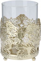 Svečnik steklen z zlatimi metulji 13,5cm,, Koopm.