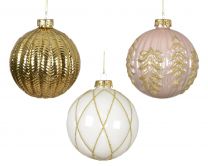 Bučka novoletna zlato/belo/roza z motivi steklo fi 100 mm, Kaem.