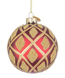 Bučka novoletna rdečo/zlata z zlatimi karami steklena, fi 80 mm, Bizz.