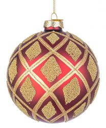 Bučka novoletna rdečo/zlata z zlatimi karami steklena, fi 100 mm, Bizz.