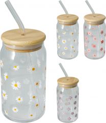 Kozarec steklen z slamico in lesenim pokrovom Rožice, 500ml
