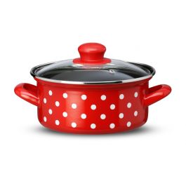 Kozica nizka, s steklenim pokrovom, bele pike, zunaj rdeča, notranjost črna, premer 14 cm, višina 7 cm, volumen 1 l
