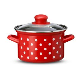 Kozica visoka, s steklenim pokrovom, bele pike, zunaj rdeča, notranjost črna, premer 20 cm, višina 13 cm, volumen 4 l
