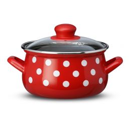 Kozica trebušasta, s steklenim pokrovom, bele pike, zunaj rdeča, notranjost črna, premer 16 cm, višina 10 cm, volumen 1,9 l
