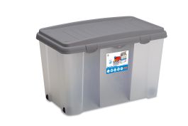 Zaboj za shranjevanje s kolesi 120l Family transparent, siv pokrov

