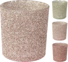 Svečnik glitter steklen, 8 cm, 3 barve
