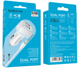 Polnilec avto BZ14 2x USB A 2,4 A s kablom Lightning , 1m, bel