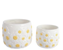 Lonec keramični okrasni bel z rumenimi rožicami 13 cm, set 2/1, Kaem.