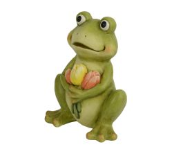 Figura vrtna sedeča žabica s šopkom tulipanov 35 cm, Kaem.