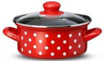 Kozica nizka, s steklenim pokrovom, bele pike, zunaj rdeča, notranjost črna, premer 14 cm, višina 7 cm, volumen 1 l
