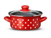 Kozica nizka, s steklenim pokrovom, bele pike, zunaj rdeča, notranjost črna, premer 20 cm, višina 10 cm, volumen 3 l
