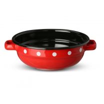 Skleda kmečka, bele pike, zunaj rdeča, notranjost črna, premer 14 cm, višina 5,7 cm, volumen 0,7 l
