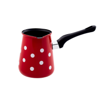 Džezva, bele pike, zunaj rdeča, notranjost črna, premer 9 cm, višina 14 cm, volumen 1 l
