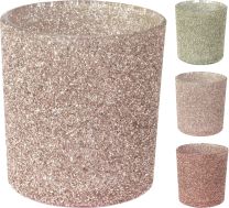 Svečnik glitter steklen, 8 cm, 3 barve
