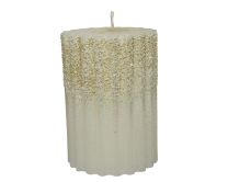 Sveča bela, zlat glitter novoletna, 10cm
