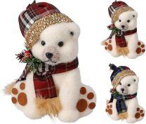 Figura božična polarni medved s kapo in šalom, 16 cm