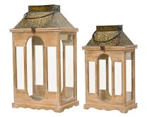 Laterna, lesena, pravokotna z zlatimi detajli in motivom drevesca, 63 cm