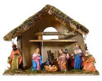 Božične jaslice, lesena hišica z 8 figurami, 29 cm
