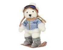 Figura božična medved na smučeh, bel/moder, 33 cm