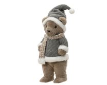 Figura božična medvedek s kapo in šalom, siv, 50 cm
