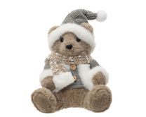 Figura božični medvedek s kapom in šalom, siv, 25 cm